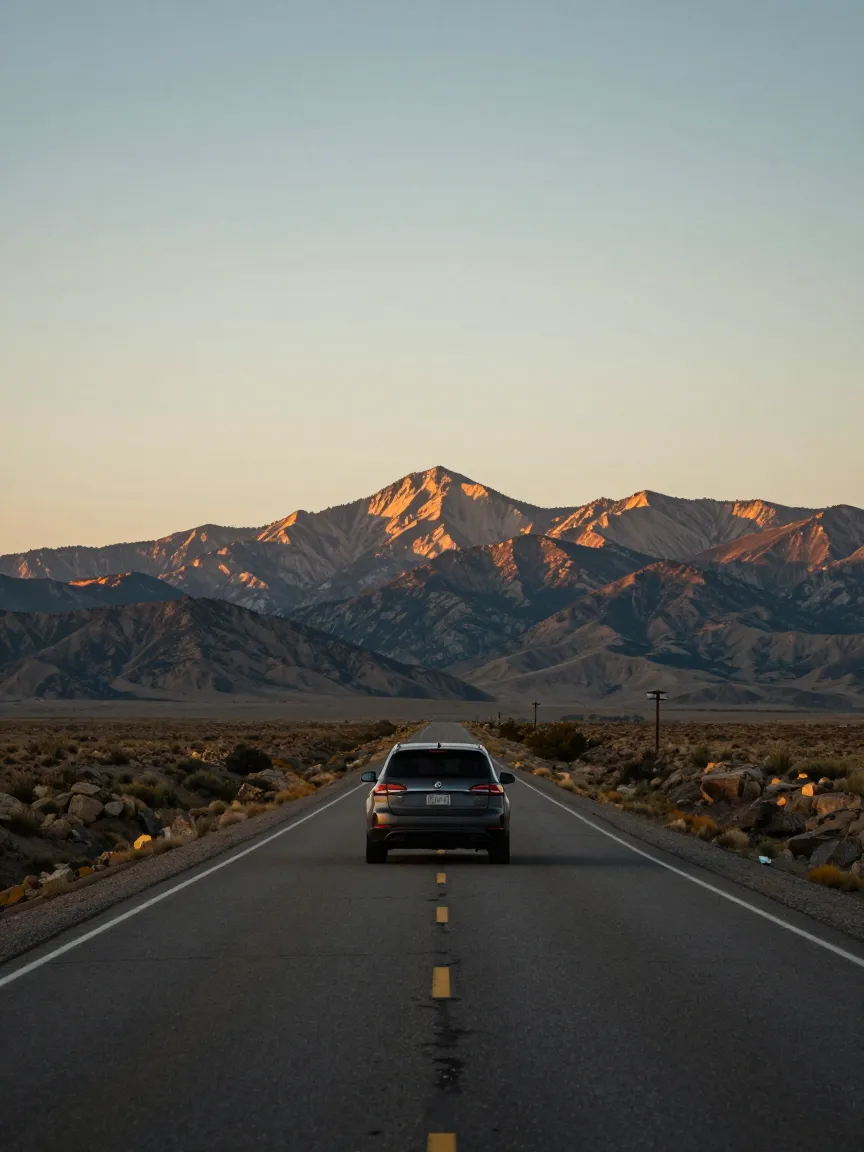 A car on an open mountain highway at golden hour