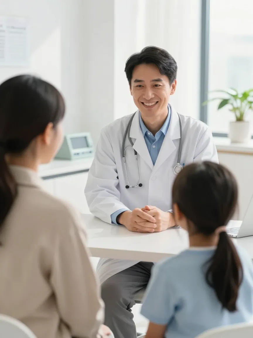 A family visiting a friendly doctor in a bright clinic