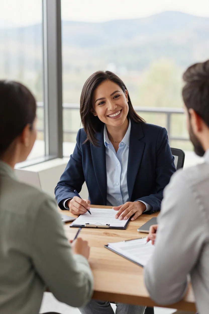 A Port Bay advisor meeting with a client couple in a warm, sunlit office